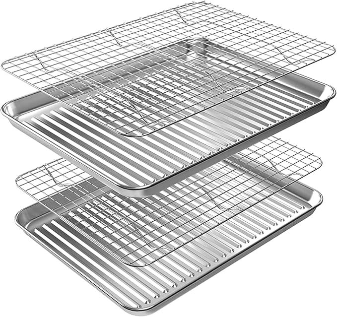 ROTTAY Baking Sheet, Half Sheet Pan with Cooling Rack Set [2 Pans + 2 Racks], Stainless Steel Baking Pan for Oven, Warp Resistant & Heavy Duty & Rust Free, Size 18 x 12 x 1 Inches