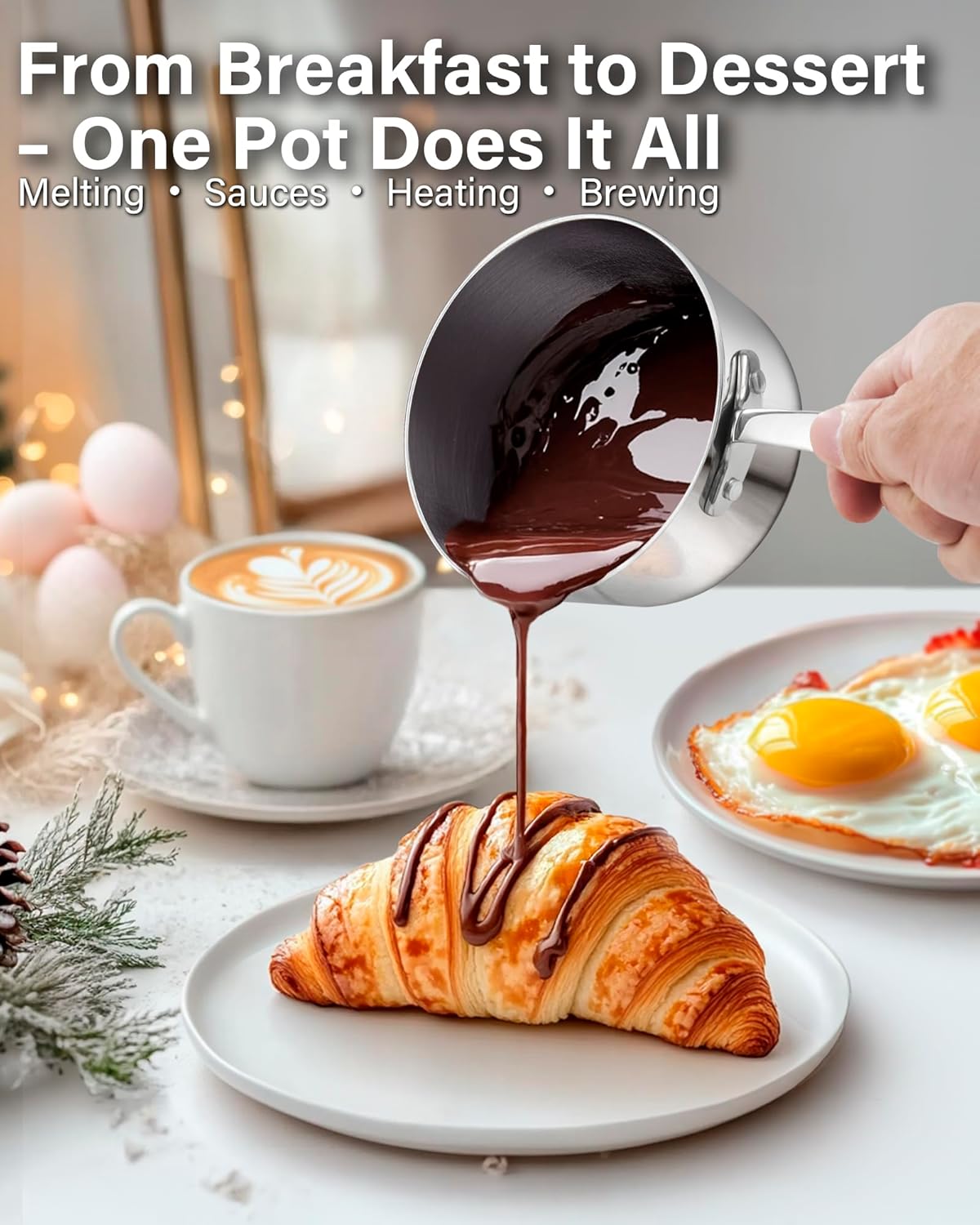 D&M Butter Warmer 0.39 Quart, Multi-Ply Clad Stainless Steel Milk Frother and Chocolate Melting Pot, Small Saucepan for Induction Stovetop, Coffee, Butter, Syrup