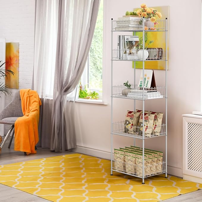 Water Bottle Storage Organizer 5 Tier Metal Water Bottle Holder Shelf Drink Beverage Soda Can Organizer Rack Bottled Water Stand for Floor Classroom Kitchen Food Storage, Silver