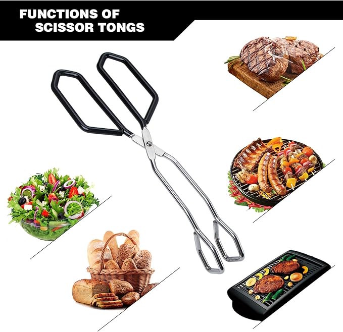 MSY BIGSUNNY Scissor Tongs Heavy Duty Cooking Tongs with Soft Handles (Stainless Steel, black 11")