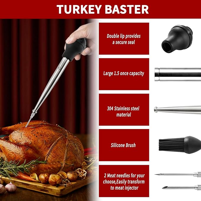 JY COOKMENT Stainless Steel Turkey Baster Baster Syringe for Cooking Meat Injector Set with 2 Marinade Needles 1 Basting Brush1 Cleaning Brush for Home Baking Kitchen Tool,2023 UPDATE