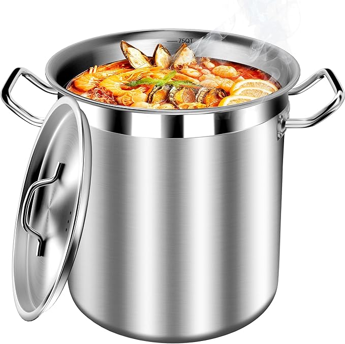 75 Quart Commercial Stock Pot with Lid – Restaurant-Grade Stainless Steel Soup Pot, Triple-Layer Even Heat Base, Steam Vent Lid, Induction Ready – Lobster Boils, Catering, Bulk Cooking
