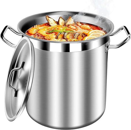 75 Quart Commercial Stock Pot with Lid – Restaurant-Grade Stainless Steel Soup Pot, Triple-Layer Even Heat Base, Steam Vent Lid, Induction Ready – Lobster Boils, Catering, Bulk Cooking