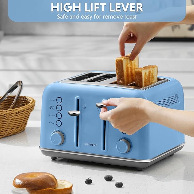 BUYDEEM DT640 4-Slice Toaster, Extra Wide Slots, Retro Stainless Steel with High Lift Lever, Bagel and Muffin Function, Removal Crumb Tray, 7-Shade Settings,Blue