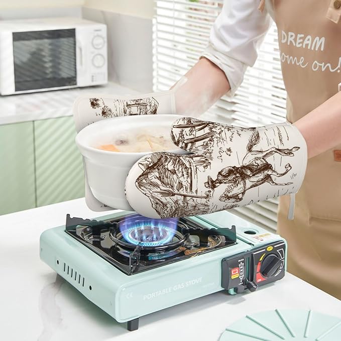 Western Cowboy Oven Mitts and Pot Holders 4 pcs Set Silicone West Cowboy Riding Horse in Desert Kitchen Oven Mitt Gloves Cowboy Pot Holders Non-Slip Heat Resistant Cooking Mitts Set, Beige