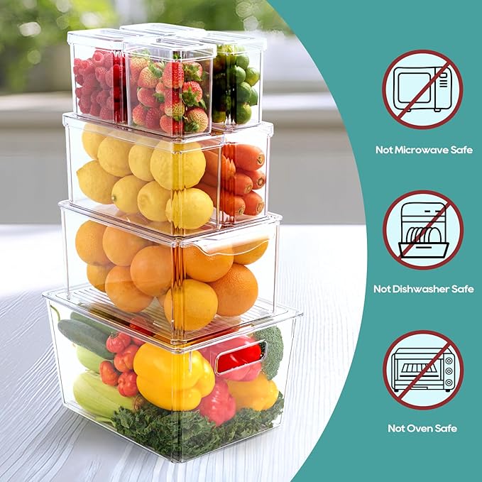 MUCHII 8 Pack Fridge Organizers, Stackable Fridge Organizer Bins with Lids, Kitchen Organization Storage Containers for Fruit, Food, Vegetables