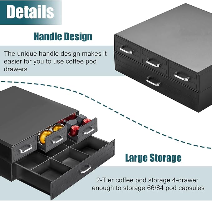 K Cup Holder Drawer 66/88 Pods Capacity, Four Drawers Design for Nespresso Pods Holder, Coffee Pod Holder Compatible With Keurig Pod Organizer&Nespresso/K-Cup/Vertuo Pod Holder, Black