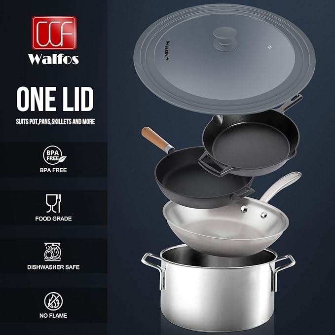 Walfos Universal Lid for 13", 14" and 15" Diameter Cookware - Tempered Glass Pan Lid with Heat Resistant Silicone Rim, BPA Free Pot Lids, Fits Pots, Pans and Skillets, Dishwasher-Safe, Gray
