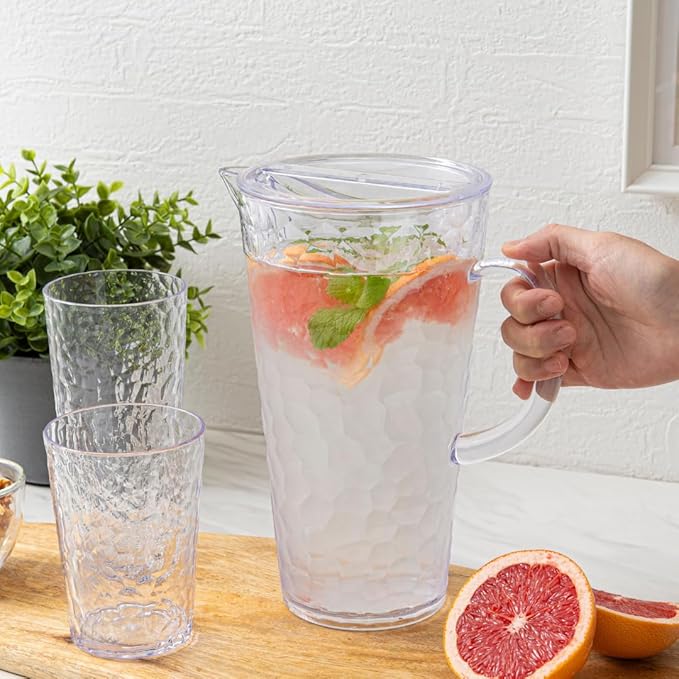 Bzyoo 74oz Clear ChillCraft Water Jug, BPA-Free Pitcher with Lid, Hammered Glass-Style Durable Plastic, Ripple Effect Design, Easy-Pour Spout, Ideal for Orange Juice, Iced Tea, Infused Waters