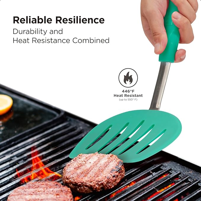 Kitchen Mama WaltzGrip Platinum Silicone Pancake Spatula Turner: Heat Resistant Flexible, Stainless Steel Core, Nonstick, Dishwasher Safe, Flipper – Ideal Kitchen Cookware for Eggs, Fish, Meat (Teal)