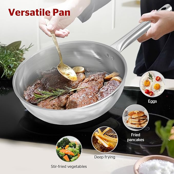 Sunhouse 18/10 11 Inch Stainless Steel Frying Pan, Whole-Clad No Coatings Skillet with Stay-cool Handle for Cooking, Durable & Oven Safe to 500°F, Dishwasher Safe, Compatible with All Cooktops