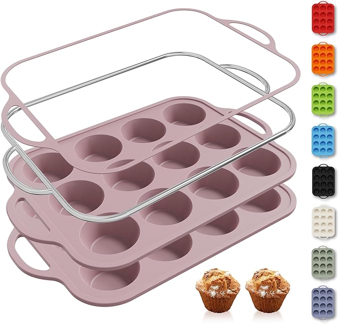 2 Packs 12 Cups Silicone Muffin Pan with Metal Reinforced Frame Regular Size Cupcake Pan Tray Egg Bites Silicone Circle Cookie Molds Muffin Tin Tart Pans Baking Sheet Set for Breakfast Sandwiches
