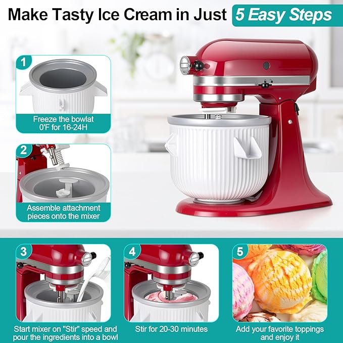Ice Cream Maker Attachment for KitchenAid Stand Mixer, Ice Cream Bowl Compatible with 4.5Qt and Larger Stand Mixers, Ice Cream & Sorbet Gelato Maker Attachment, 2 Quart, White XTMZ