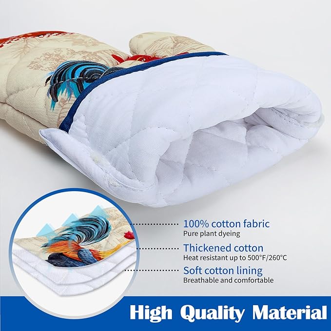 Rooster Oven Mitts and Pot Holders Sets 100% Cotton Heat Resistant, Extra Long Oven Gloves Potholder for Kitchen Cooking Baking Housewarming