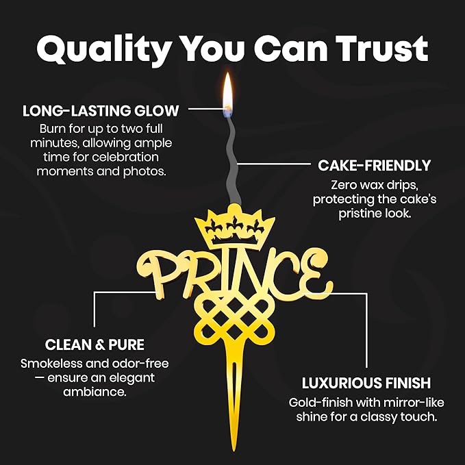Prince Reusable Gold Romantic Cake Candle - Luxury Cake Topper Candle for Birthdays, Weddings & Anniversaries - Reusable Food Safe Acrylic, Shiny Mirror Finish - Happy Birthday Cake Topper Decor