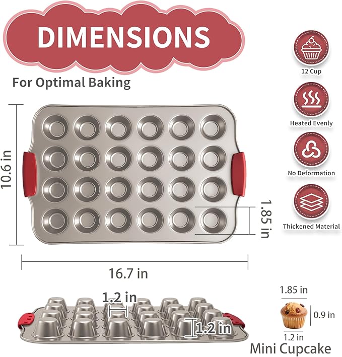 Mini Muffin Pan, 24 Tin Cupcake Pan, Nonstick Small Muffin Tray with Silicone Grip Handles, Durable Mini Cheesecake Cup Cake Pans for Baking, 2-PACK,Gold