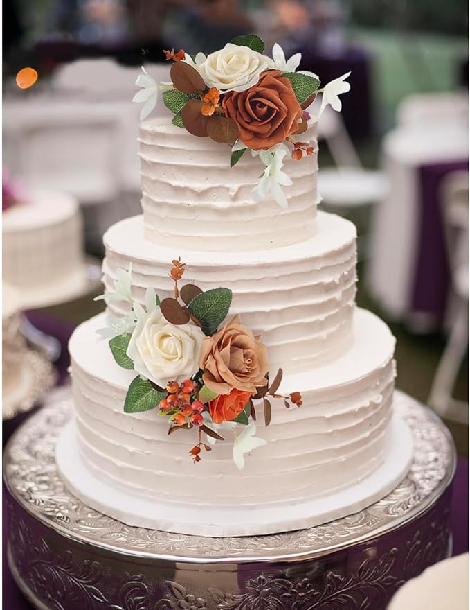 Rinlong 3Pcs Cake Topper Set Artificial Flowers for Cake Decor Burnt Orange Fall Wedding Cake Decorating Flowers for Baby Shower Birthday Party