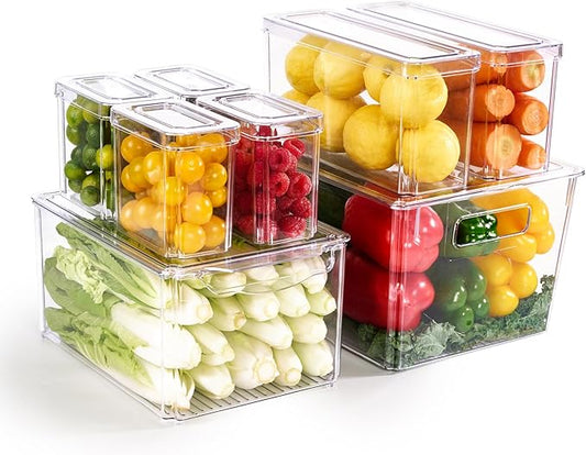 MUCHII 8 Pack Fridge Organizers, Stackable Fridge Organizer Bins with Lids, Kitchen Organization Storage Containers for Fruit, Food, Vegetables