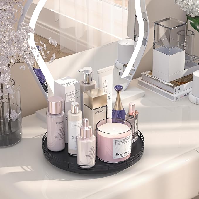 12" Oak Wood Bathroom Tray for Counter, Vanity Tray for Perfume Lotion Candle Makeup Jewelry Sink Soap Holder Turntable Dresser Organizer Countertop Coffee Table Decor Organization and Storage Black