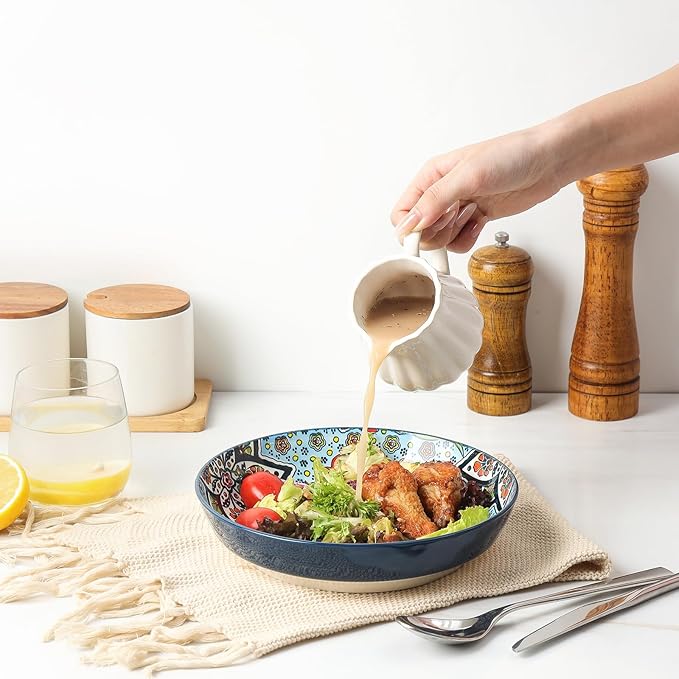 KitchenTour Pasta Bowls Set of 6-30 oz Large Wide & Shallow Serving Bowl, Colorful Ceramic Salad Bowls for Everyday Dining - 8.2 Inch, Microwave and Dishwasher Safe, Bohemian Style