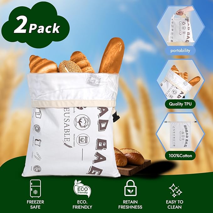 Reusable Bread Bags for Homemade Bread,Cotton Bags with Food Grade TPU Liner Extend Freshness, Large Capacity Cloth Bag for Travel Friendly,Washable,Refrigerable, Gift for Bakers (Set of 2)