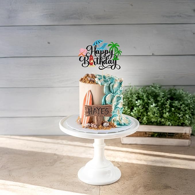 Gyufise 1Pcs Summer Beach Happy Birthday Cake Topper Glitter Ball Tree Umbrella Pool Cake Pick for Hawaiian Holiday Baby Shower Birthday Party Cake Decorations Supplies Black