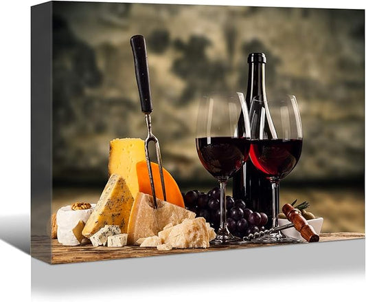 Looife Kitchen Still Life Canvas Wall Art, 24x18 Inch Gallery Wrapped Red Wine with Cheese Picture Prints Wall Decor, Food Art Deco for Dining Room and Bar Decoration