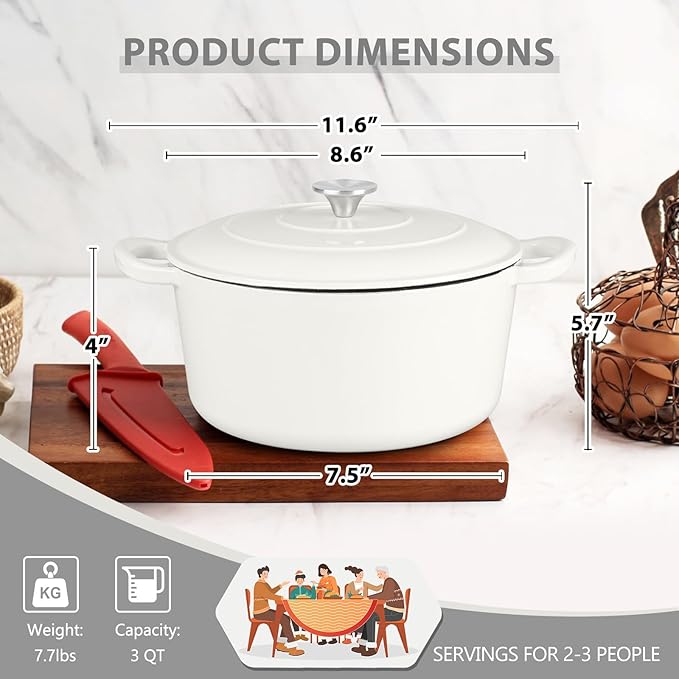 3 Qt Enameled Cast Iron Dutch Oven with Lid, E-far Small Round Nonstick Dutch Oven Pot for Bread Baking Braising Stews Roasting Cooking, Heavy Duty, Induction & Oven Safe - White