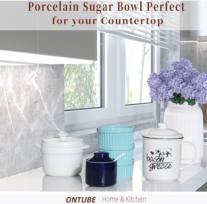 ONTUBE Ceramic Sugar Bowl with Lid and Spoon,Porcelain Seasoning Box Salt Bowl,8oz (Navy)