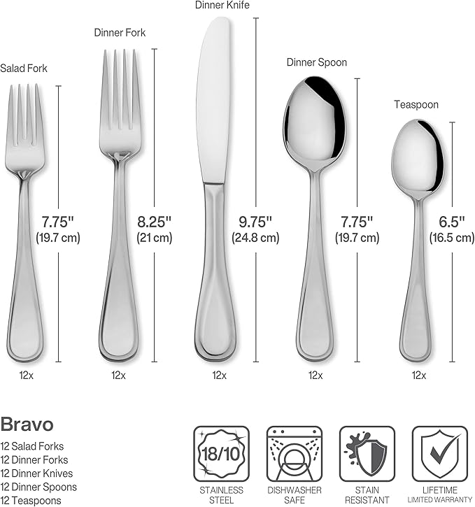 Mikasa Bravo 65-Piece Flatware Set for 12, 18/10 Stainless Steel Silverware with Full Service, Includes Forks, Knives, Spoons, and Serving Utensils