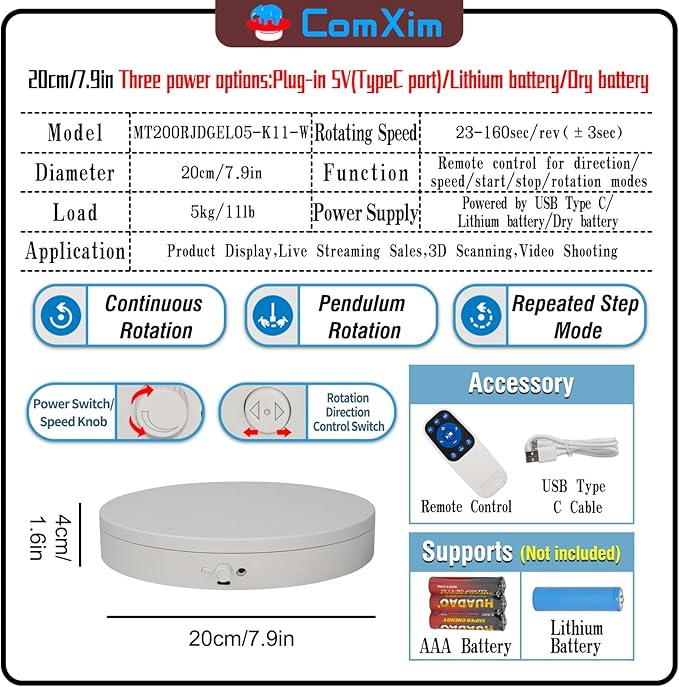 Motorized Rotating Display Stand with Remote, 7.87in 360 Electric Turntable for Display,Photography,3D Scanner Models, Motorized Lazy Susan and Photography Turntable Control Angle/Speed,Step/Swing/Continuous Rotation