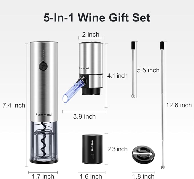 Electric Wine Opener Set, Roter Mond Automatic Wine Bottle Opener set with Electric Wine Decanter Aerator Wine Foil Cutter 2 Vacuum Stoppers, 5-in-1 Wine for Home Party Thanksgiving Christmas New Year