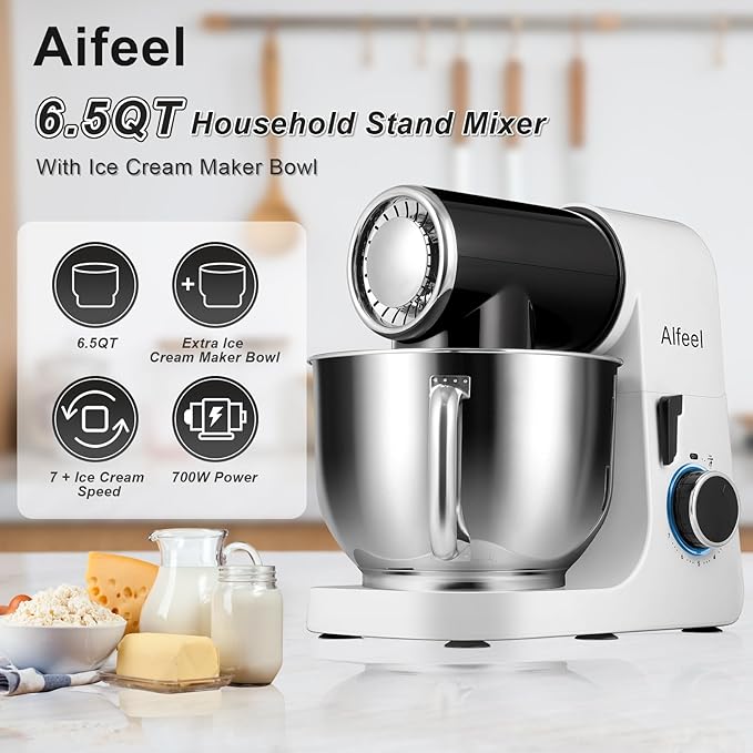 Aifeel Stand Mixer,6.5QT Kitchen Electric Mixer with 2QT Ice Cream Maker Bowl, 6 in 1 Multifunctional Bread Dough Mixer with Dough Hook,Wire Whip & Beater (Black-White)