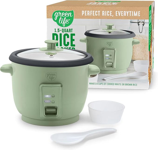 GreenLife Electric Rice Cooker, 3-Cups Uncooked/6-Cups Cooked, Removable PFAS-Free Nonstick Pot, One-Switch Design, Auto Keep Warm, Small Space Saving, Rice Paddle, Soup, Grains, Oatmeal, 1.5 QT, Green