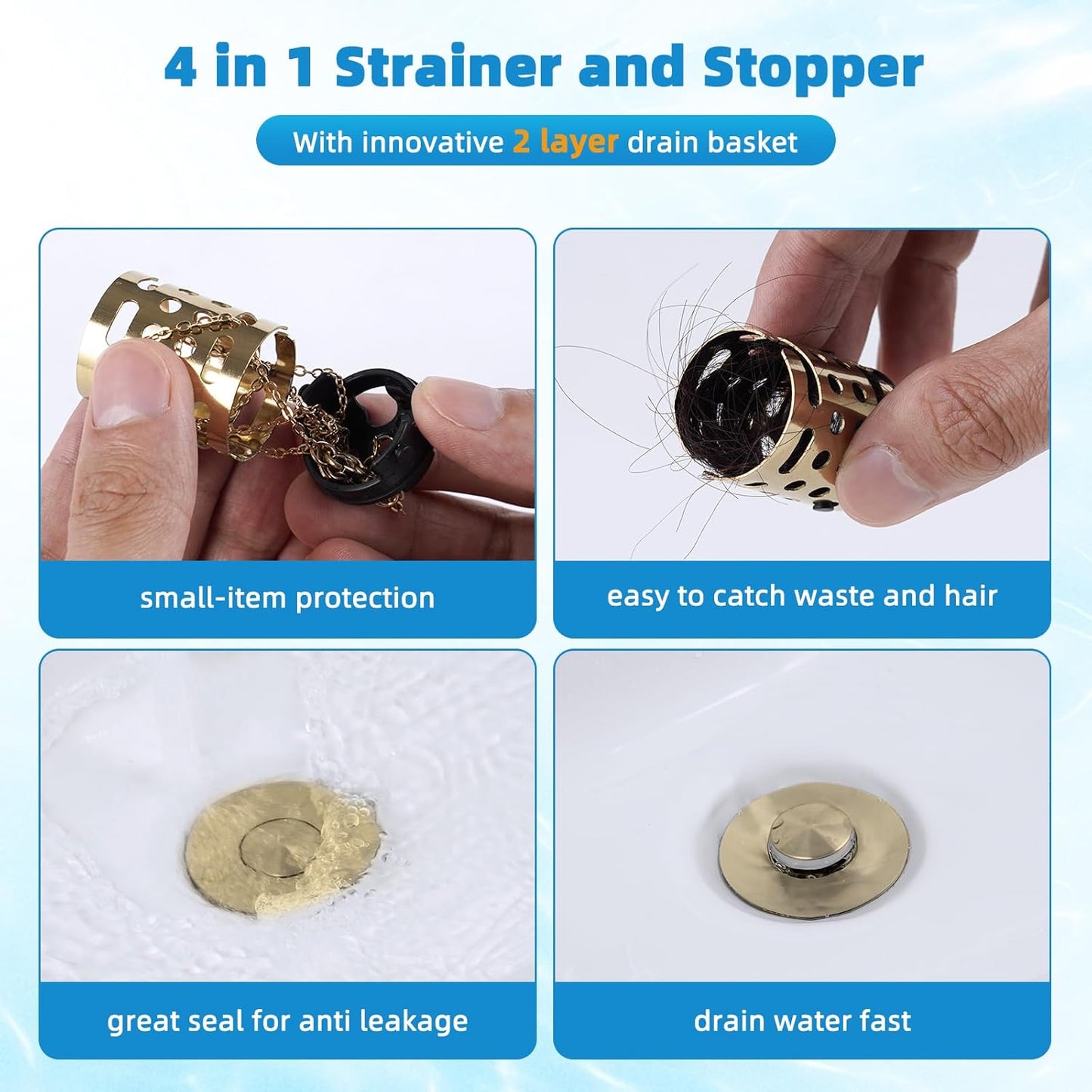 Universal Bathroom Sink Stopper Hair Catcher Upgraded with 2-Layer Detachable Filter Basket, 4 in 1 Pop Up Drain Strainer, Anti-Clog, Odor-Block, Universal Fit for 1.1''~2.36'' Sinks, Brushed Gold