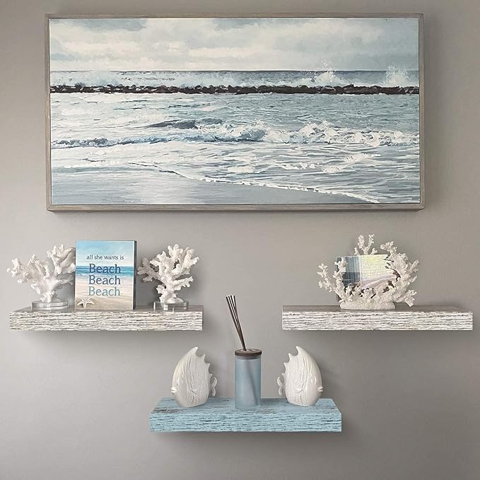 Sorbus Floating Shelves - 3 Pack 16 Inch Rustic & Blue Wall Shelves for Bedroom, Kitchen, Living Room, Bathroom Shelves, Home Decor, Office - Floating Shelf for Trophy, Books, Frames