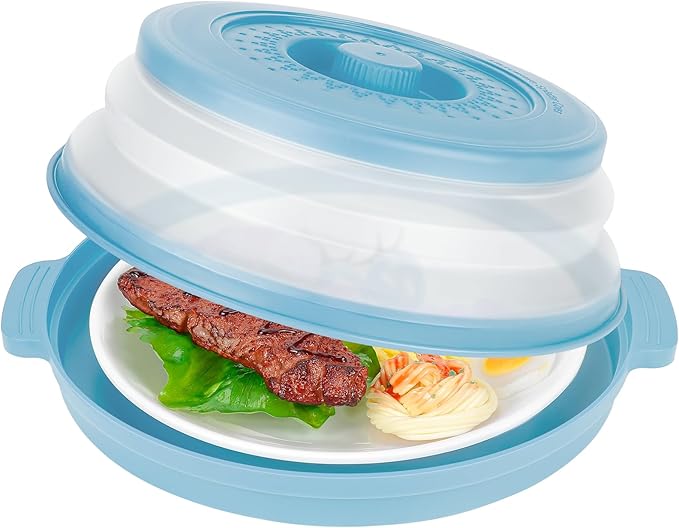 10.7 Inch Microwave Food Cover with Heat Insulation Mat, Anti-Scald Collapsible Microwave Splatter Cover, Multi-Functional as Colander & Fruit Plate, Dishwasher Safe, Ideal for Meal Prep (Blue)
