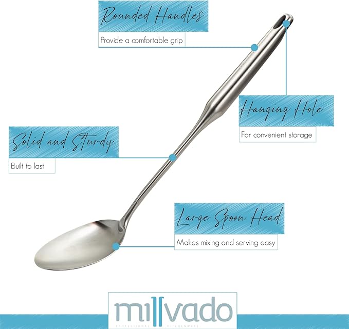 Stainless Steel Big Cooking Spoon, Kitchen Utensils and Gadgets, 15 Inch Large Spoon For for Cooking, Basting, Serving, Dishwasher Safe Metal Utensil, Durable, Solid Construction