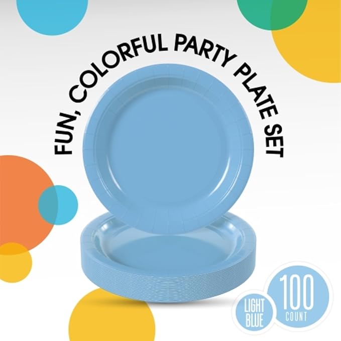 Exquisite Party Solids Light Blue Plastic Plates For Party 9" Light Blue Disposable Plates Heavy Duty Supplies 100 Pcs Plastic Dinnerware Sets Heavy Duty 350 GSM Disposable Dinnerware Set