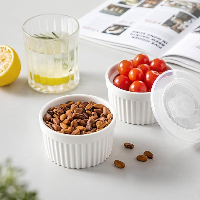 vancasso 8 oz Ramekins with Lid, Porcelain Creme Brulee Souffle Dishes, White Pudding Custard Cups Ramiken for Baking, Dishwasher and Oven Safe, Set of 6