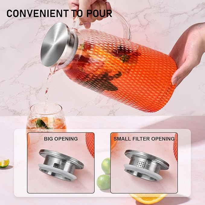 Aofmee 80oz Glass Pitcher with Lid, 2.4 Liter Water Pitcher, Glass Carafe for Cold or Hot Beverages, Sun Tea Jar, Easy Clean Heat Resistant Jug for Juice, Milk