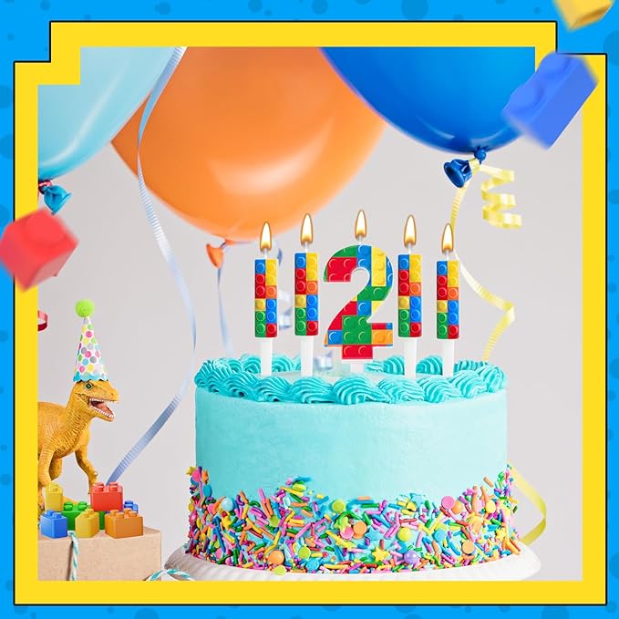 AXBMM 7 Pcs Building Block Themed Birthday Candles Set Building Blocks Number 2 Candle Cake Topper for Building Block Party Decoration Supplies (Number 2)