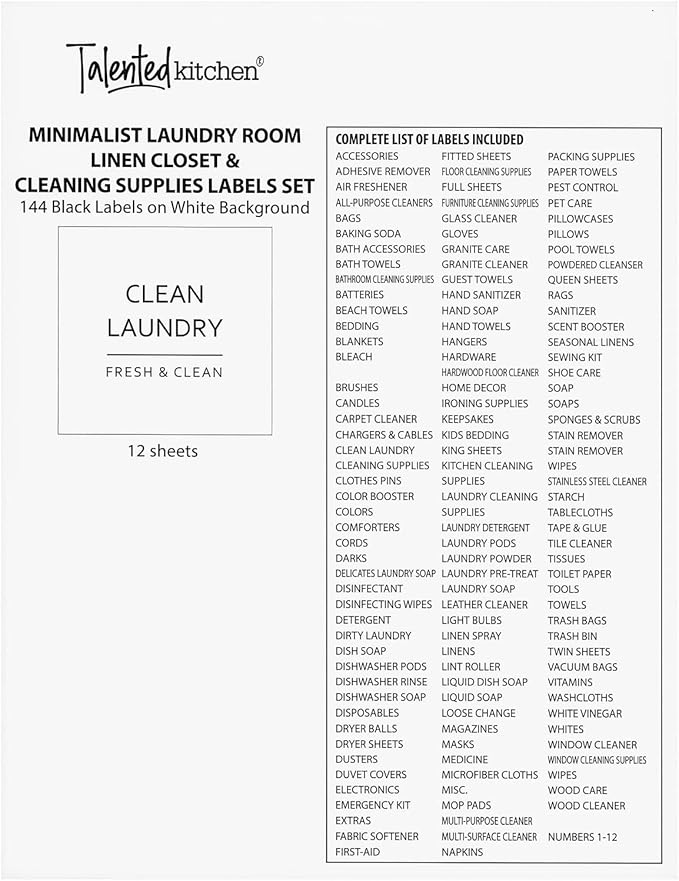 Talented Kitchen 144 Minimalist Laundry Room Labels - Preprinted Laundry Room Organization Stickers for Glass Jars, Containers, Spray Bottles (Black Print on White Matte Backing)