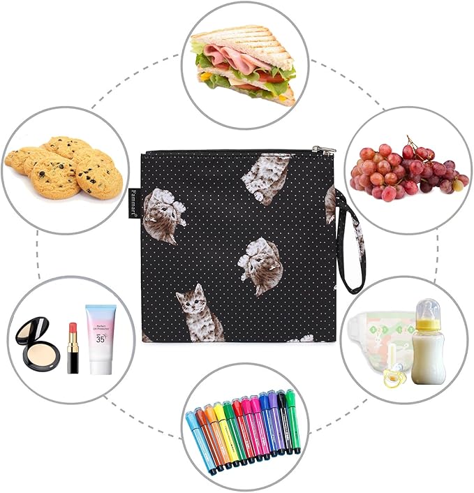 Reusable Sandwich Bag/Snack Bag for Kids & Adults, Dual Layer Lunch Bag with Handle, Washable, Food Safe, BPA Free (1-Pack, Dot&Cat)
