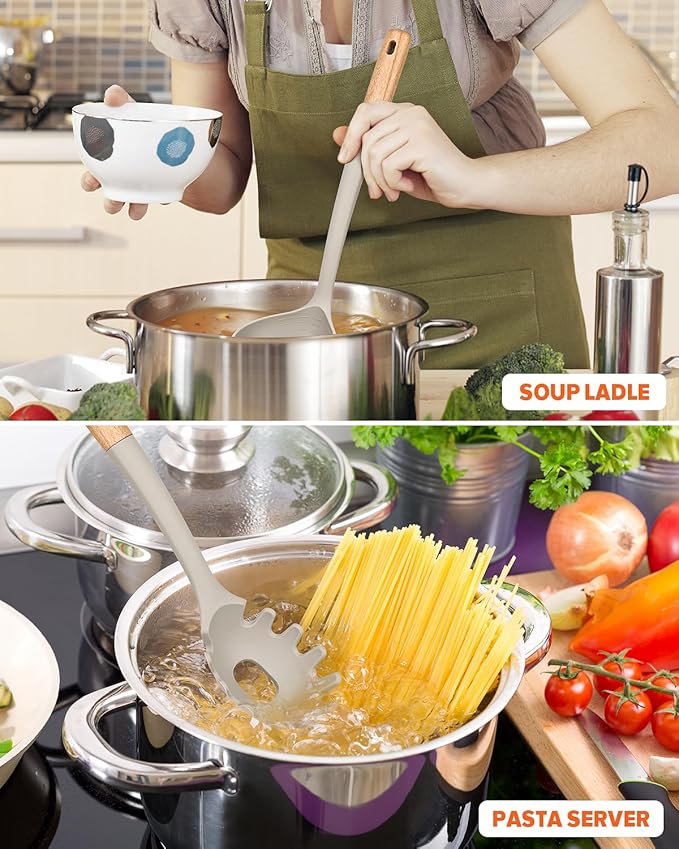 Pasta Fork and Ladle Set, Perfect for Serving Hot Soup, Stirring, and Sauce Pasta, BPA-Free Matte Silicone, Wood Handle Spaghetti Spoon for Nonstick Cooking Surfaces (Khaki)
