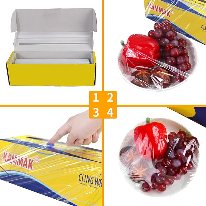 KAMMAK Plastic Wrap Food Cling Wrap with Slide Cutter 15 inch Restaurant Cling Film 2000 Ft Bulk Roll Refillable Food Service Cling Wrap Dispenser Quick Cut Anti-Fog Cling Film for Kitchen