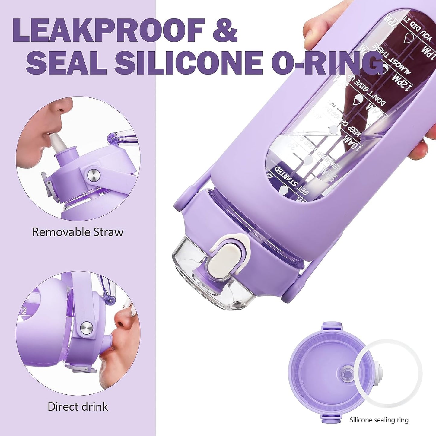 kytffu 56oz Glass Water Bottles with Straw, Motivational Glass Bottle with Silicone Sleeve and Time Marker, Leakproof Large Glass Water Jug for Gym Home Office,Purple