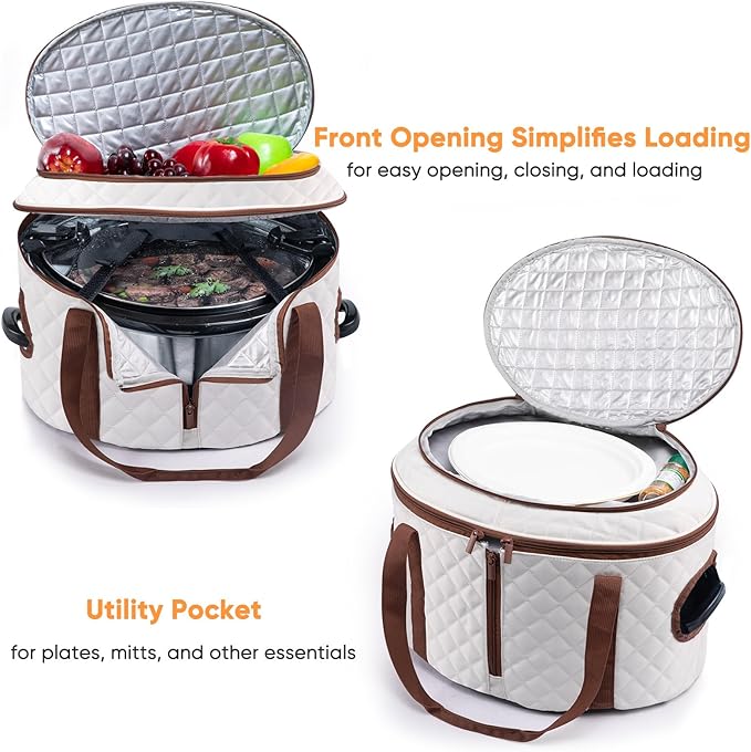 BAGSPRITE Double-layer Slow Cooker Carrying Case Compatible with 6-8 Quart Crockpot Carrier for Hot Food and Hamlton Beach Slow Cooker Tote with Lid Fastener for Crock-pot Dust Cover Applicances