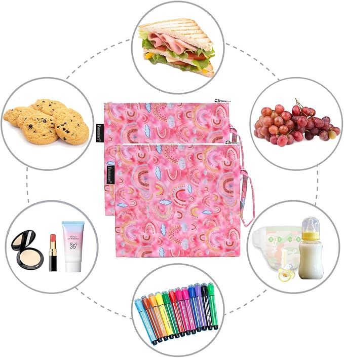 Reusable Sandwich Bag/Snack Bag for Kids & Adults, Dual Layer Lunch Bag with Handle, Washable, Food Safe, BPA Free (2-Pack, Rainbow)