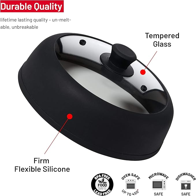 Bezrat Vented Glass Microwave Plate Cover | Large 12-inch Splatter Guard Lid | Firm Grip Silicone handle | 100% Food Grade | Dishwasher Safe (Black)